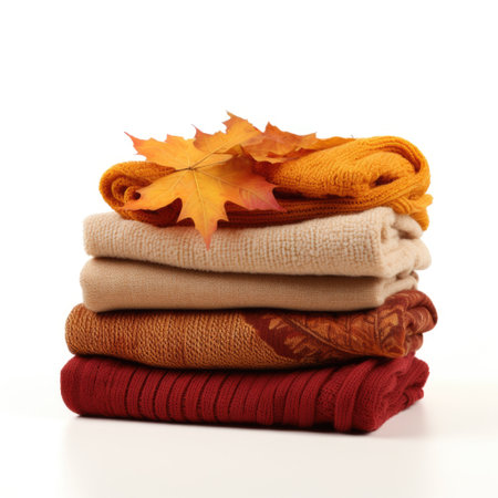 Stack of autumn knitted sweaters or blankets on white background Generative AIの素材