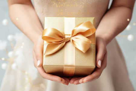 Golden gift box in woman's hands on the beige with confetti background Generative AIの素材