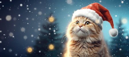 Fluffy ginger cat in Santa's red hat, Christmas card template, Generative AIの素材