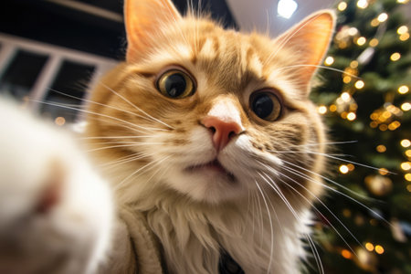 Funny cat making selfy by the Christmas treeの素材