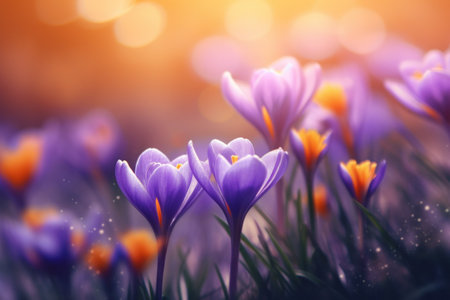 Purple spring crocus flowers growth in the snowの素材