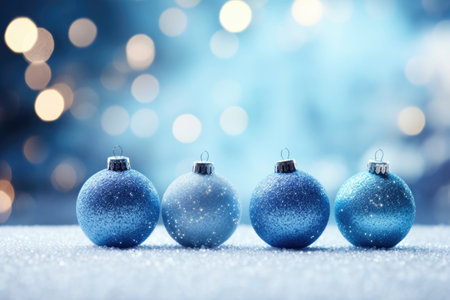 Christmas decorations blue balls on snow holiday card templateの素材
