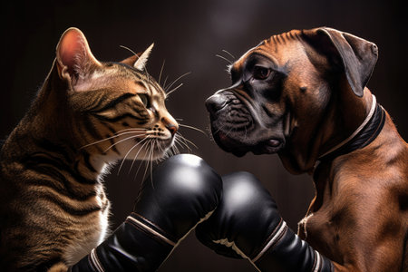 Cute dog and cat wearing boxing glovesの素材