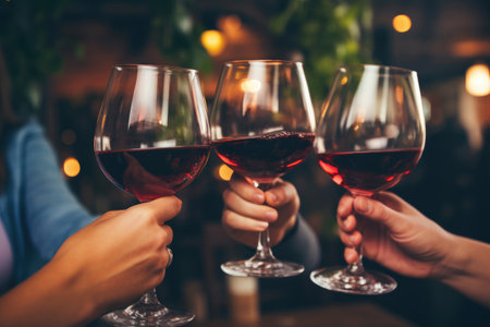 People clinking glasses with wine on the summer terrace of cafe or restaurantの素材