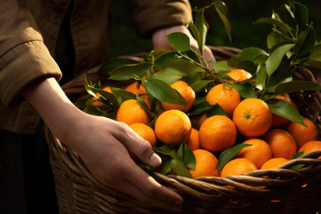 Mandarin or oranges in a wicker basketの素材