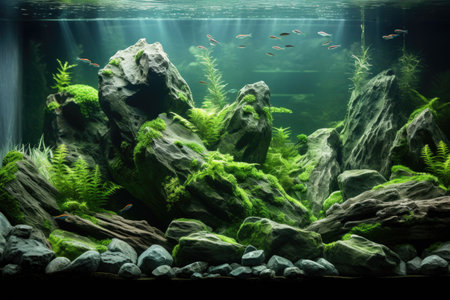 Home aquarium with green plants and rocksの素材