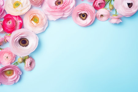 Ranunculus flowers over pink background, motherâs day or womensâ day greeting cardの素材