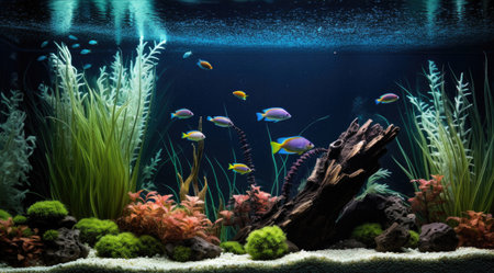 Home aquarium with green plants and rocksの素材