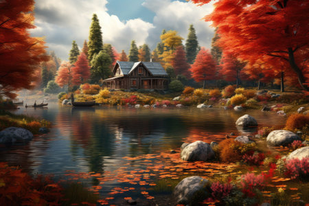 Cozy stone cottage by the lake in the autumn forestの素材