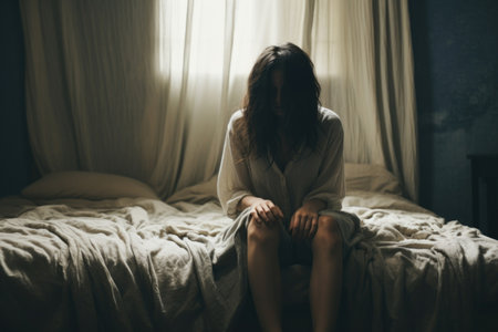 Young woman seating on the bed feeling sad, worried, suffering depression in mental healthの素材