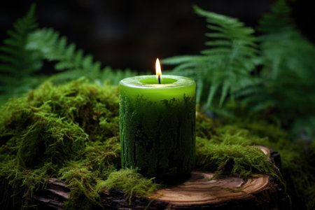 Green candle in the forest on the wooden log and mossの素材