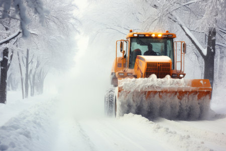 Snow plow truck clearing road after winter snowstorm or blizzardの素材