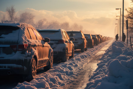 Traffic jam on the road caused by heavy snowfallの素材