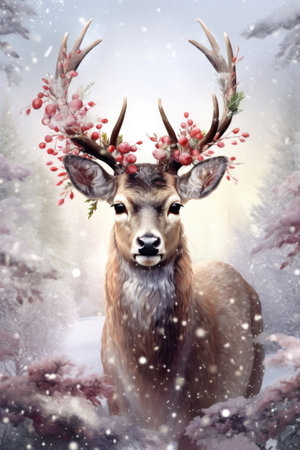 Winter reindeer in snow, beautiful animal for wallartの素材