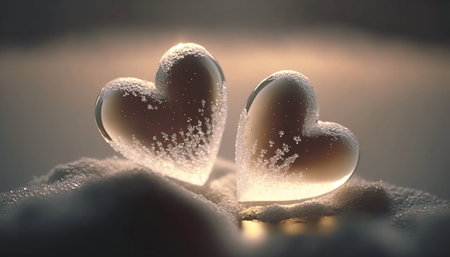 Two heart made of ice on the snow, winter romantic backgroundの素材