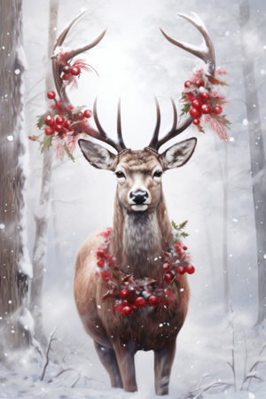 Winter reindeer in snow, beautiful animal for wallartの素材