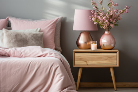 Close up of a bed and bedside table with red flowers in a vaseの素材