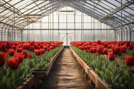 Flower greenhouse with red tulipsの素材