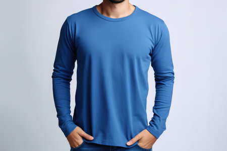 Young man in a yellow T-shirt with long sleeves, mock upの素材