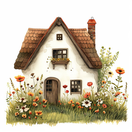 Watercolor cute house on white backgroundの素材