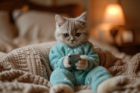 Fluffy cat in pajamas and looking at the phoneの素材