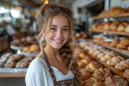 Young beautiful girl baker at work in the bakeryの素材