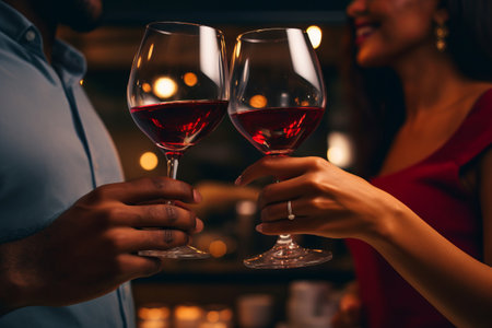 Couple clinking glasses with wine at the  party in a cafe or restaurantの素材