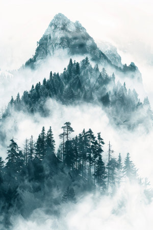 Watercolor misty forest and mountainsの素材
