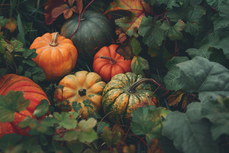 Autumn harvest, orange pumpkins on the groundの素材
