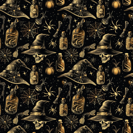 Halloween seamless pattern on black backgroundの素材