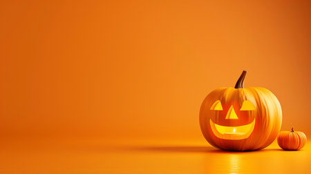 Evil curved pumpkin with candle inside on orange background with space for textの素材