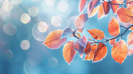 Autumn leafs on light blue backgroundの素材