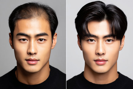 Male with hair loss problem. Comparing before and after treatmentの素材