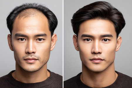 Male with hair loss problem. Comparing before and after treatmentの素材