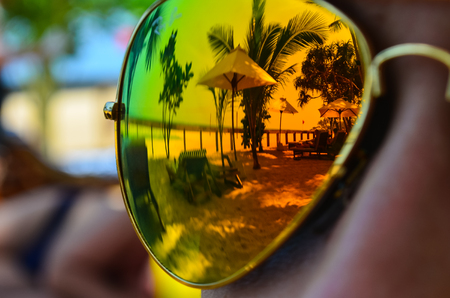 Reflection of landscape in glasses like in the mirrorの写真素材