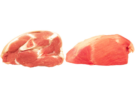 Raw beef and pork meat isolated on whiteの写真素材