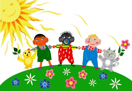 Children from different countries and animals hold handsのイラスト素材