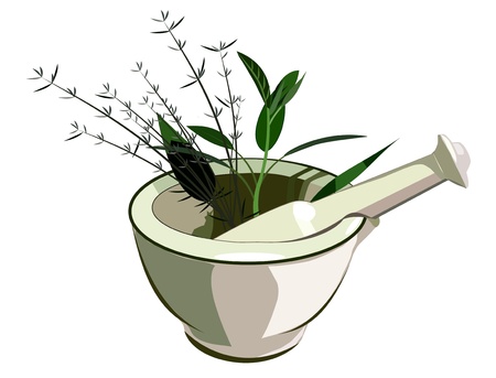 Medical mortar and pestle with herbsのイラスト素材