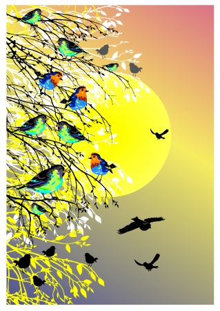 beautiful background with sun, birds and tree silhouetteのイラスト素材