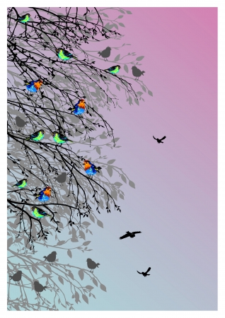 beautiful background with birds and tree silhouetteのイラスト素材
