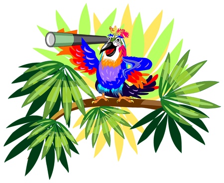 Funny parrot with telescope on palm のイラスト素材