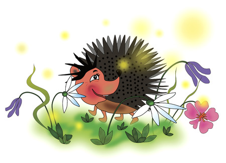 Cheerful hedgehog on the meadow with flowersのイラスト素材