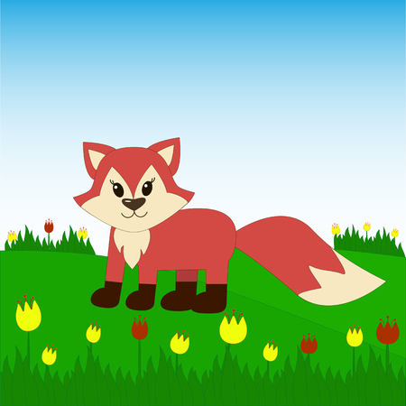 Fox on the field with tulips.のイラスト素材