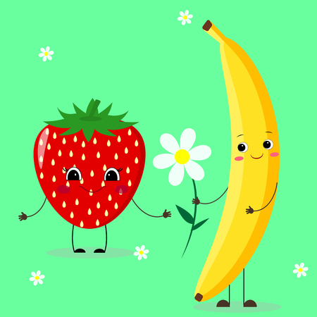 Banana gives a flower a strawberry in the cartoon style.のイラスト素材