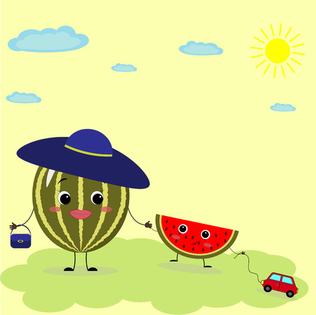 Watermelons Smiley in cartoon style, mom in a hat and son with a typewriter, walk in the summer.のイラスト素材