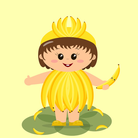 Cute kid in a banana costume, painted in cartoon style.のイラスト素材