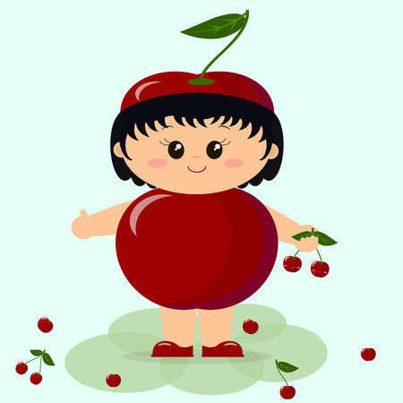Cute kid in a red cherry costume, painted in cartoon style.のイラスト素材