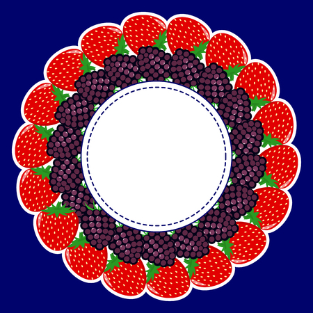 Round frame, made of ripe berries in a white stroke on a dark background, with a place for text in the center.のイラスト素材
