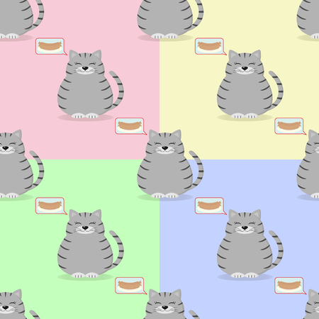 Four seamless patterns with a gray cat and sausages on different backgrounds.のイラスト素材