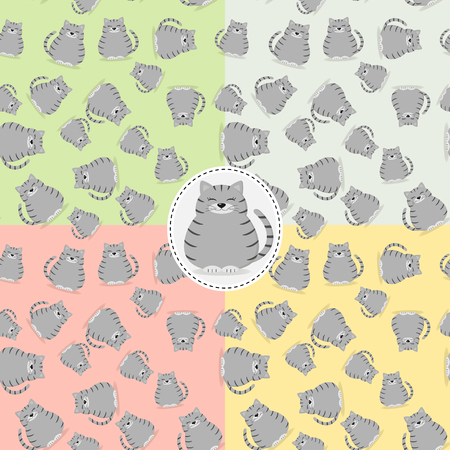 Four seamless patterns with a gray cat and sausages on different backgrounds.のイラスト素材
